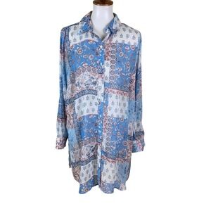 Tamara H Blue Patchwork Floral Button Front Tunic Blouse Boho Size 1X